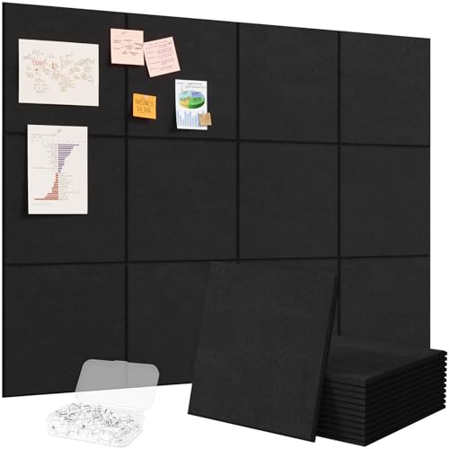 Lifewit 48"x 36" Felt Bulletin Board with Self-Adhesive, 12 Pack Cork Board Alternative for Walls, Large Pin Board Vision Board Message Board with 50 Pushpins for Office Decor, Room Decor, Black - color: Black, size: Square Stripe 12-pack