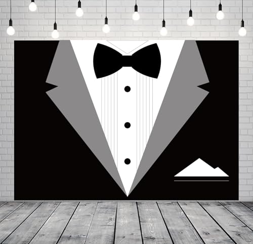 BELECO 5x3ft Fabric Gentleman Tuxedo Backdrop Black and White Bow Tie Suit Background Luxury Birthday Dinner Party Decor Banner Boy Men Father Bridegroom Photoshoot Studio Booth Props - size: 5x3FT