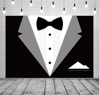 BELECO 9x6ft Fabric Gentleman Tuxedo Backdrop Black and White Bow Tie Suit Background Luxury Birthday Dinner Party Decor Banner Boy Men Father Bridegroom Photoshoot Studio Booth Props - size: 9x6FT