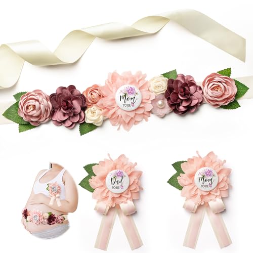 Baby Shower Sash Decorations Mom to Be Corsage Gift Dad to Be Pin 3Pack Set Flower Belt for Maternity Dress - Gender Reveal Pregnancy Photo Props - color: Pink & WineRed Flower