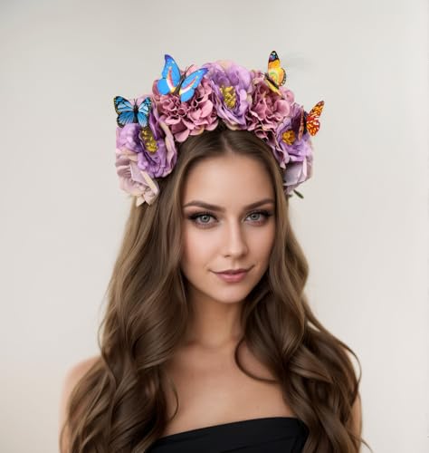 Elegant Butterfly Flower Headband for Women Boho Handmade Rose Floral Crown Wedding Bridal Festivals Cosplay Prom Photo Props Headpiece (B4 purple, Adjustable) - color: B4 purple