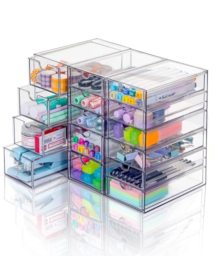 VZKAH Clear Acrylic Organizer with Drawers | 15-Drawer Desktop Unit | Makeup & Desk Organization and Storage Box for Office, Craft, Vanity Table, Bathroom, Home Essentials - style: 15 drawers / 3 set