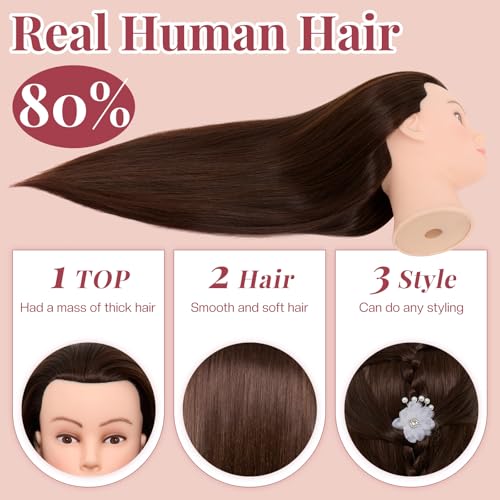 Neverland Beauty & Health 28Inch 60% Real Hair Mannequin Head,Doll Head for Hair Styling Braiding Curling,Cosmetology Mannequin Head with Hair with Table Clamp Hair Styling Set(Dark Brown) - color: gray
