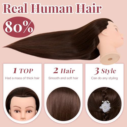 Neverland Beauty & Health 28Inch 60% Real Hair Mannequin Head,Doll Head for Hair Styling Braiding Curling,Cosmetology Mannequin Head with Hair with Table Clamp Hair Styling Set(Dark Brown) - color: gray