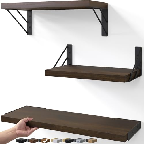 BAYKA Floating Shelves for Wall, Book Shelf for Bedroom, Wall Decor Shelves for Living Room Kitchen, Wood Floating Shelf for Home Decor, Corner Shelf for Bathroom, Office(Dark Brown,Set of 3) - color: D. Dark Brown Board & Black Brackets, size: 16-inch Mi