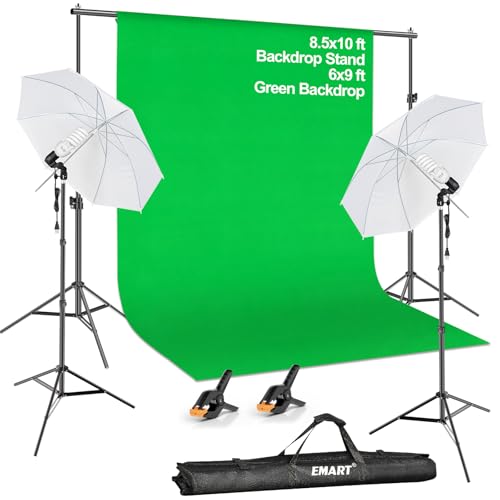 EMART 8.5X10 FT Green Screen Backdrop Kit, Photography Umbrella with 5500K Bulbs, 6X9 FT Green Backdrop with Spring Clamps, Professional Photography Lighting kit for Studio, Portrait, Video Shooting - color: Green, size: 8.5*10ft Stand/6*9ft Backdrop