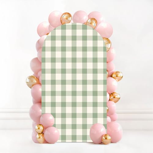7.2FT Wedding Arch Backdrop Cover Seamless Checkered Light Green Spandex Fitted Fabric Round Top Stretchy Stand Covers for Baby Shower Birthday Party Decoration - color: Color7, size: 7.2x4 FT