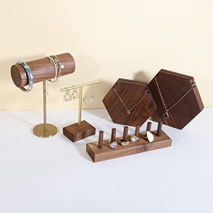 earrings T display stands for selling, small earring holder jewelry stand with 4 holes on bar, wood earring hanger for boutique display【Walnut】