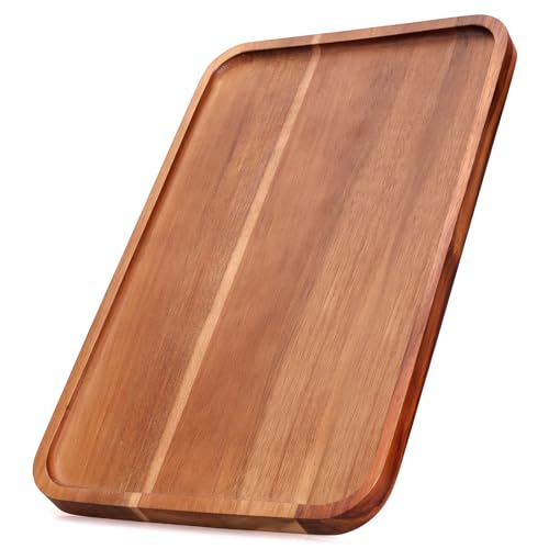 Large Wood Serving Trays Decor Long Charcuterie Cheese Boards Acacia Rectangle Wooden Platters for Food Dish Cookie Snack Appetizer Plates Rectangular Kitchen Dinner Platter Cake Dessert Plate Tray - size: 14" x 10" x 0.8"
