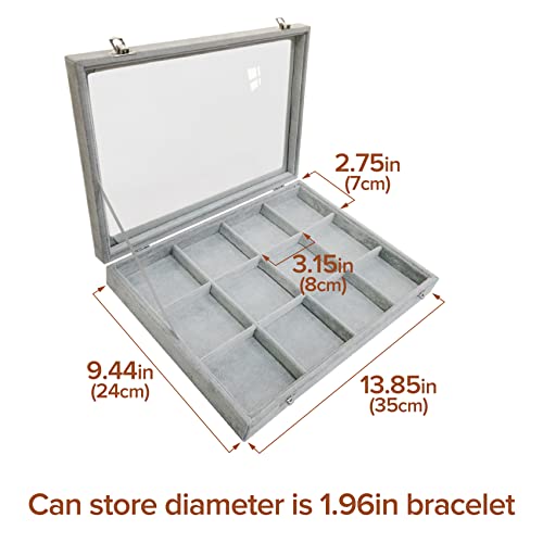 Removable 12 Grids Bracelet Organizer Box Ice Velvet Clear Lid Bangle Jewelry Tray Display Case Grey - color: 12 Grids