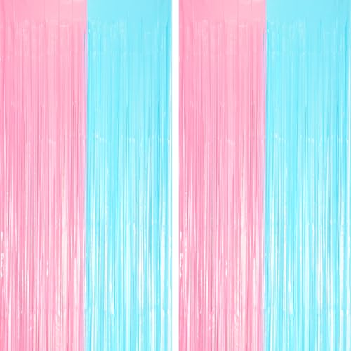 Voircoloria 2 Pack Pastel Blue and Pink Foil Fringe Backdrop Curtains, Tinsel Streamers Party Decorations, Fringe Backdrop for Gender Reavel, Baby Shower Party - color: 36 Pastel Pink and Blue