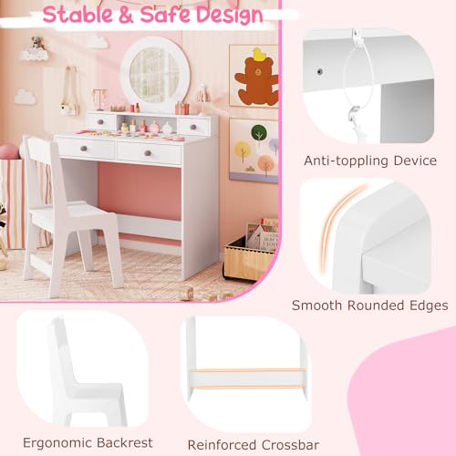 Costzon Kids Vanity, Princess Makeup Dressing Desk with Mirror and Stool, 4 Storage Drawers, Pretend Play Vanity Table and Chair Set for Little Girls (White) - style: White with Round Mirror