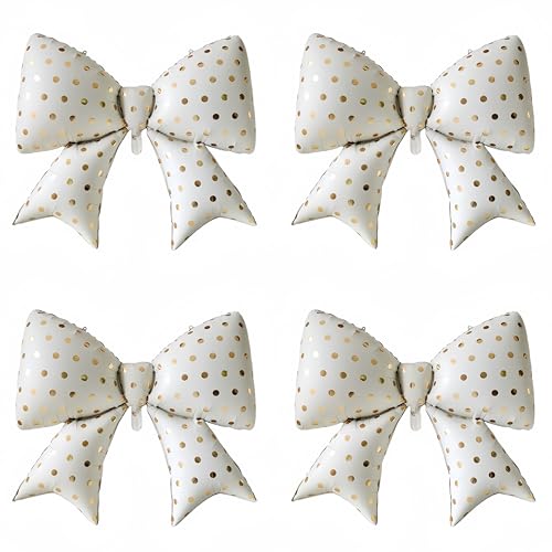 4Pcs White Bow Balloons Decor, Gold Polka Dot Coquette Birthday Decorations for Girls Women, Bridal Shower Wedding Engagement Bachelorette Party Valentines Galentines Photo Booth Props - color: Golden Polka Dots