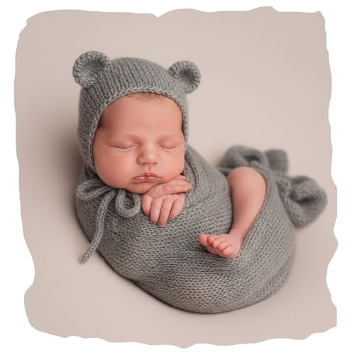 Baby Photography Props Infant Boy Girl Outfits - Crochet Knit Mohair Wrap Blanket & Bear Hat for Newborn Photo Shoots (Grey) - color: Grey