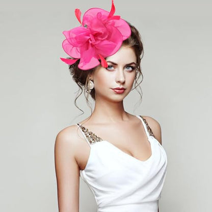 Fascinators Hats with Gloves Set for Women 20s 50s Cocktail Tea Party Wedding Costume Headwear - color: 03-rose Red