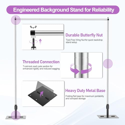 EMART Backdrop Stand Heavy Duty, 10x10Ft Pipe and Drape Backdrop Stand, Stable Background System Kit with 2 Metal Bases, 12 Stainless Steel Poles for Parties, Wedding, Birthday, Photography