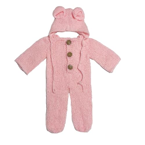2Pcs Newborn Photography Props Boy Photo Posing Outfits Baby Photoshoots Girl Crochet Bear Hat Romper - color: Pink