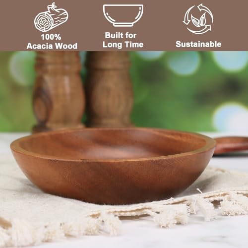 Acacia Wood Serving Bowls, 6 Inch Handcrafted Wooden Individual Bowls Set of 2 for Food/Soup/Salad/Pasta, Use as Snack Holder Plate for Kitchen and Dining - size: D 6.3'' x H 1.6''