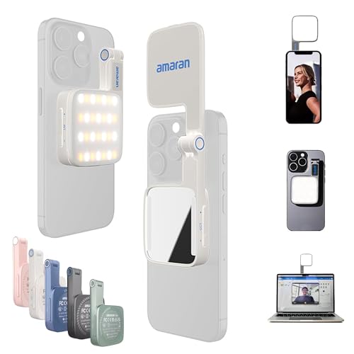 Magnetic Selfie Phone Light,Amaran Go Dual LED Light Source with Adjustable Mirror Light CCT 2700K-6500K,Rechargeable for Selfie,Makeup,Video Conference,TikTok,for iPhone & Android (White) - color: White