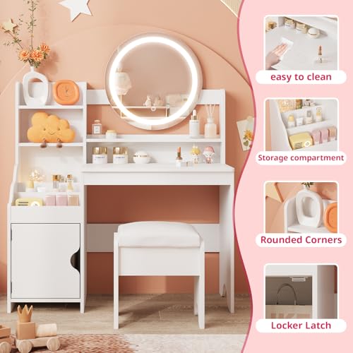 Vabches Kids Vanity with Lights, Princess Makeup Vanity Desk with Open Bookshelf, Storage Cabinet & Shelves, Toddler Vanity Table and Chair Set, Pretend Play Vanity Set for Little Girls, White - style: White
