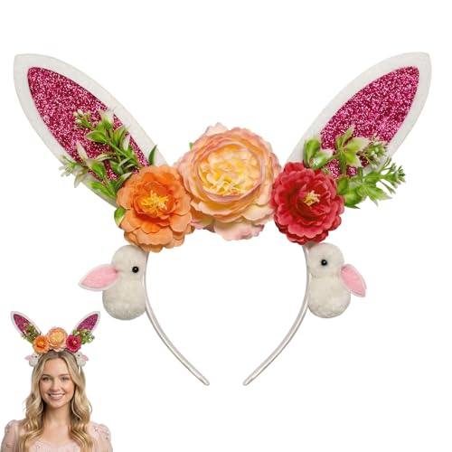 Easter Bunny Ear Headband with Floral Decorations, Glitter Rabbit Ears Hair Hoop for Women and Girls, Spring Party Hair Accessories for Photo Props,Cosplay - color: Rose Red