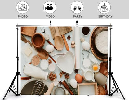 5x4ft Baking Ingredients with Eggs Flour and Spices Backdrop Gourmet Rustic Homemade Photography Background for Food Photography and Baking Events Decorations Banner Photo Booth Props - size: 5x4ft