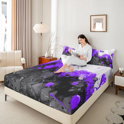 Abstract Art Fitted Sheet Purple Bed Sheets | Ombre Marble Texture Ink Fluid Art Gradient Black Marbling Sheets Queen Size Bed Set - color: Purple, size: Queen
