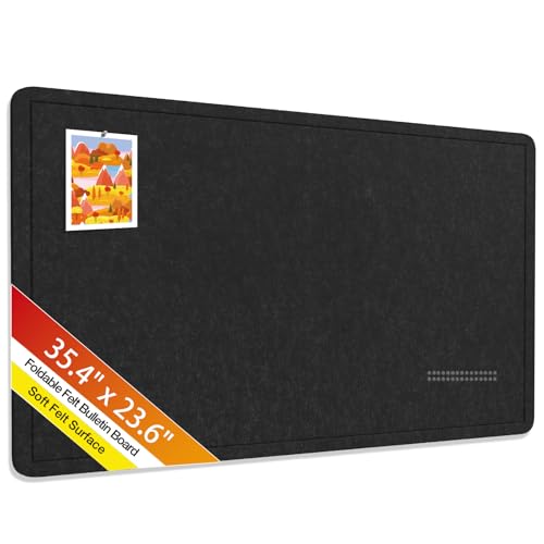 Bulletin Board,35.4 x 23.6 inches Foldable Decorative Felt Pin Board Photo Display Board with Self-Adhesive Tape, Decorative Cork Alternative for Wall Includes 20 Push Pins,Black - color: Black, size: 35.4 x 23.6 inches