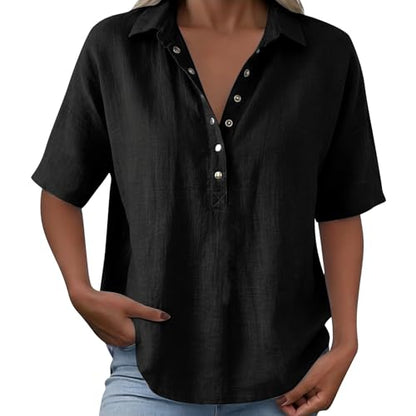 Cotton Linen Shirts for Women 2026 Summer Gauze Shirts Button Down V Neck Half Sleeve Blouses Dressy Casual Clothes - color: Black, size: Small