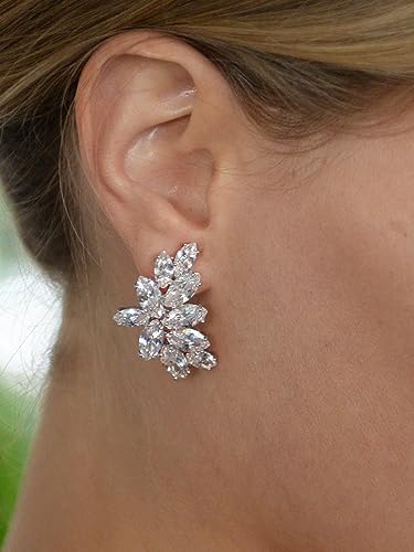 Mariell Clip-On Cubic Zirconia Crystal Bridal Earrings, Marquise Shape CZ Curved Clusters, Women Earrings for Wedding, Bridesmaids, Homecoming, Mother of the Bride - color: Silver Clip On
