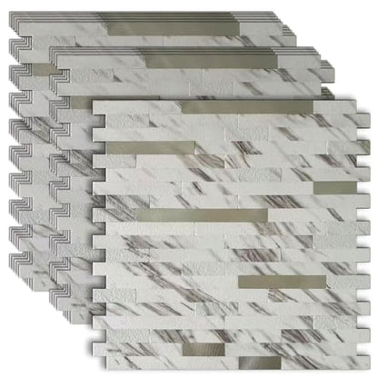 10-Sheet Peel and Stick Backsplash Tile, PVC Mixed Metal Stick on Kitchen, Bathroom Vanities, Fireplace Décor, Laundry Table(White Marble + Silver-2) - color: White Marble + Silver-2