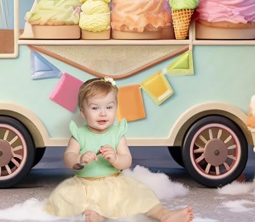 Kate Ice Cream Car Photography Backdrop Chilldren Cake Smash Rainbow Ballon Birthday Party Background Photoshoot Props, 7x5ft - size: 7x5ft