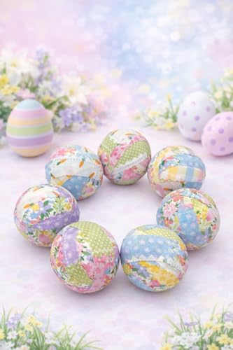 Set of 7 Easter Pastel Fabric Wrapped Decor Balls – 2.5” Handmade Patchwork Styrofoam Balls – Spring Bowl Filler, Tiered Tray, Basket Decor