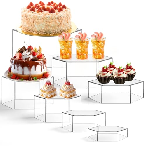 Leinuosen 7 Pcs Large Buffet Risers Set 6" to 12" Acrylic Display Box Catering Dessert Table Riser Food Display Decorative Stand with Hollow Bottom for Catering Supplies(Clear, Hexagonal) - color: Clear, size: 6" to 12", style: Hexagonal