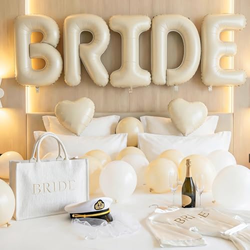 40inch Beige BRIDE Letter Balloons, Giant Cream White Sand Bride Foil Helium Balloon Banner with Heart Balloon for Bride to Be Wedding Engagement Bridal Shower Nude White Bachelorette Party Decoration - color: Cream