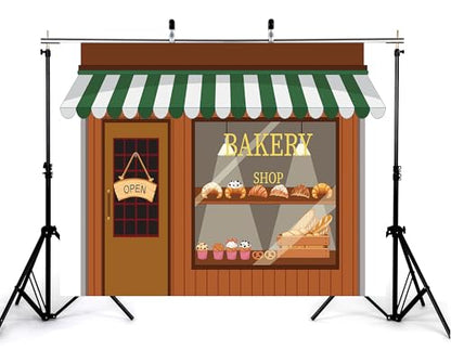 5x5ft Cartoon Bakery Shop Front Backdrop Green White Awning Pastry Display Photography Background Bright Cheerful Baking Party Home Decor Photo Booth Decorations Banner Photo Studio Props - size: 5x5ft