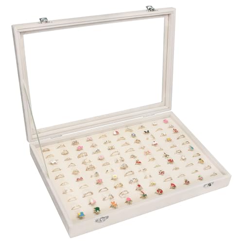 Vicoter Rings Organizer Tray 100 Slot Velvet Ring Earring Storage Box TranSparent Cover Jewelry Store Ring Display Box Jewelry Display Cabinet for Girl Wife Mother - color: Beige