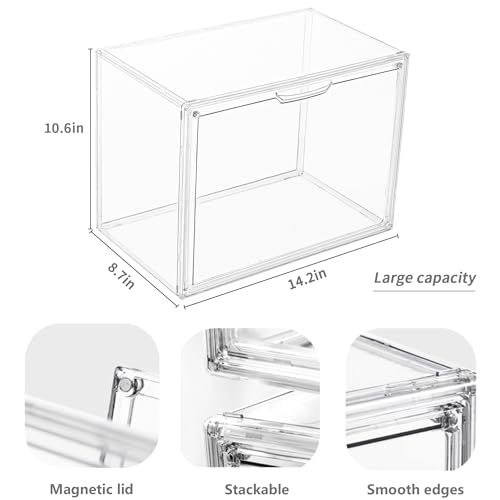 Clear Stackable Plastic Storage Bins with Magnetic Attraction Lid, Acrylic Box Display Case Showcase for Cosmetic, Large Figures Collectibles (4 Pack, X-Large) - size: X-Large-4pcs