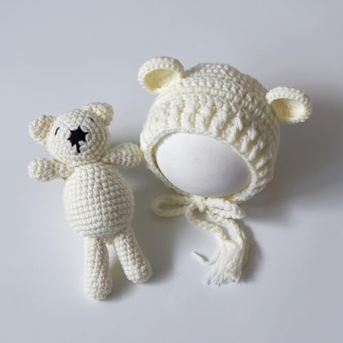 Zeroest Newborn Baby Boy Girl Photography Props Bear Hat Outfits Crochet Kint Handmade Cap Set for Newborn Photo Shoot - color: Ivory