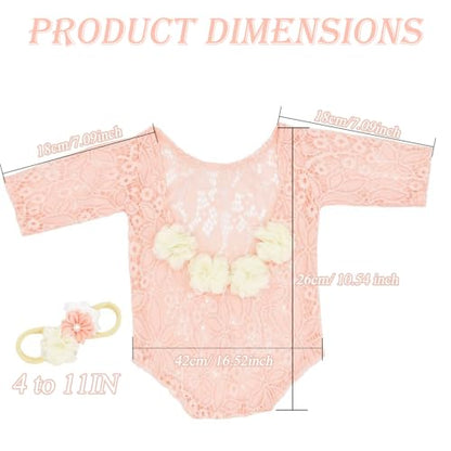 Newborn Photography Outfits, Cute Baby Lace Ribbon Rompers with Headband for Infant Photography Props - color: Light Pink