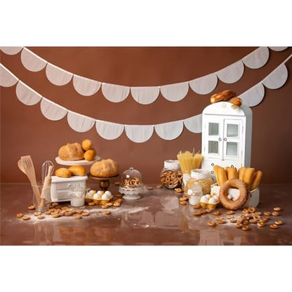 YongFoto Bakery Baking Table Backdrop 12x10ft Bread Donut Biscuit White Cabinet Photography Background Boy Girl Cake Smash Birthday Baby Shower Party Banner Portrait Photoshoot Wallpaper Studio Props - size: 12x10ft