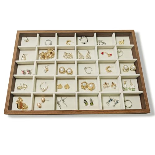 Large Jewelry Trays for Drawers Stackable Velvet Jewelry Display for Vendors Jewelry Drawer Organizer Inserts for Rings Necklace Bracelets Earrings and Studs Earrings (Beige, 30 Grid) - color: Beige, size: 30 Grid