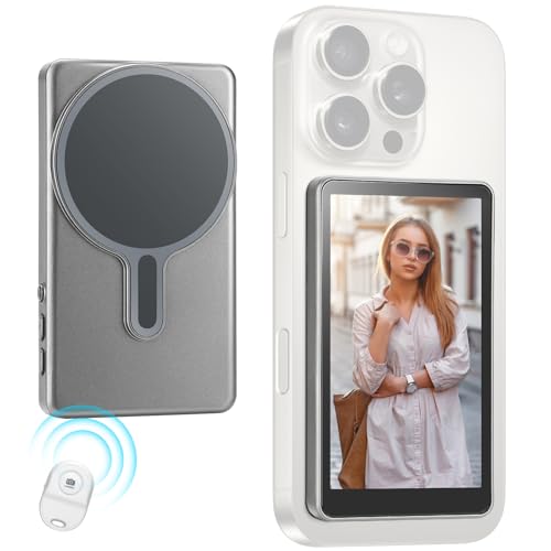 Magnetic Phone Vlog Selfie Monitor Screen,1080P Wireless Recording,Back Camera Selfie Monitor with Bluetooth Remote Control,for Selfie Vlog Live Broadcast,Compatible with iPhone and Android System - color: Grey