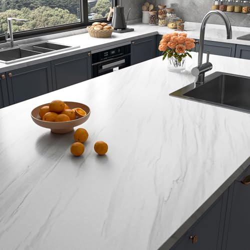 Stickyart 36"x160" Extra Wide Marble Countertop Peel and Stick White Marble Wallpaper Removable Kitchen Vinyl Countertop Wrap Waterproof Self Adhesive Laminate Counter Top Sheet for Counter Desk