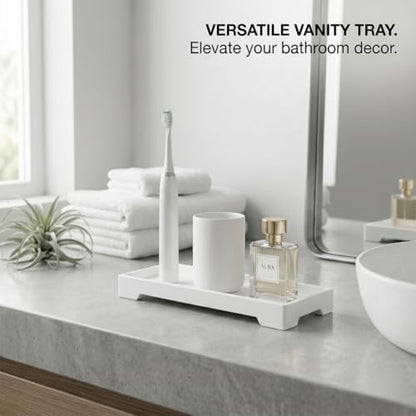 Countertop Vanity Tray - Silicone Bathroom Sink Organizer & Kitchen Soap Tray, Footed Anti-Slip Design, Waterproof Caddy for Perfume, Jewelry, Makeup, Bottle, Oil, Sponge Holder, White (L10 x W 4.2") - color: White