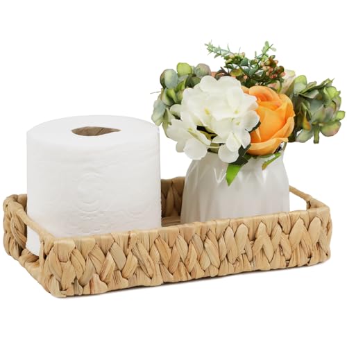 Bathroom Tray, 11 Inch Water Hyacinth Vanity Tray with Handle, Small Wicker Basket for Bathroom Toilet Tank Countertop, Wicker Bathroom Trays for Counter Decor - size: 11.1" x 7.1" x 2.2"