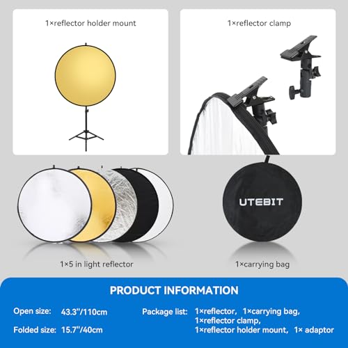 UTEBIT 43"/110cm Photography Reflector with Stand & Clamp, Collapsible Light Reflector with Bag 5 in 1 Multi Disc Translucent/Silver/Gold/White/Black Photography Reflector for Studio&Outdoor Lighting - size: 43 inch