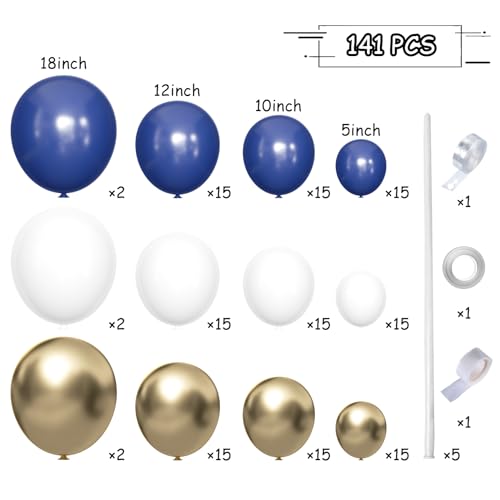 MEBAY Blue White Gold Balloons Garland Arch Kit, 141Pcs Latex Balloons Different Sizes 18 12 10 5 Inch for Birthday Baby Shower Gender Reveal Wedding Party Decoration - color: 141-blue-white-gold