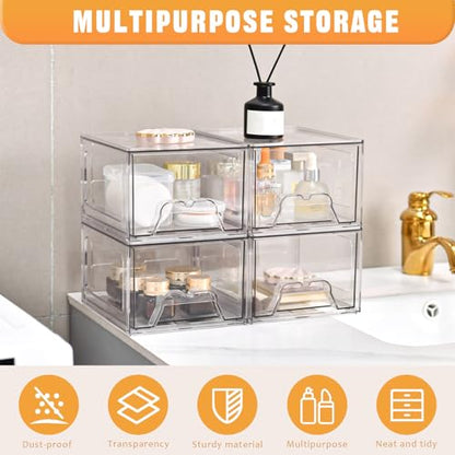 Stebopum 6 Pack Stackable Makeup Organizer, 4.4'' Tall Acrylic Bathroom Makeup Organizer and Storage Drawer with Pull-out Handle, Clear Plastic Storage Bins for Vanity,Pantry,Desk,Undersink,Kitchen - style: 6pack Small