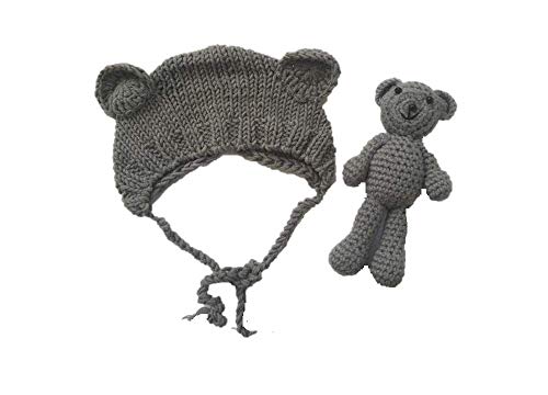 Newborn Baby Crochet Knit Costume Photography Prop Baby Bear Hat and Doll Set - color: Grey